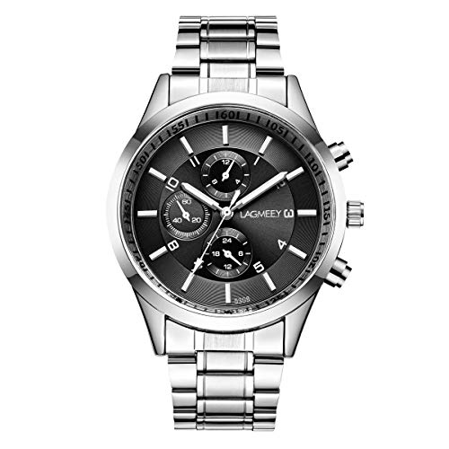 Relojes Hombre Cronógrafo Decorativo Sencillo con Correa de Acero Inoxidable Plateado, Negro