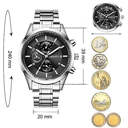 Relojes Hombre Cronógrafo Decorativo Sencillo con Correa de Acero Inoxidable Plateado, Negro