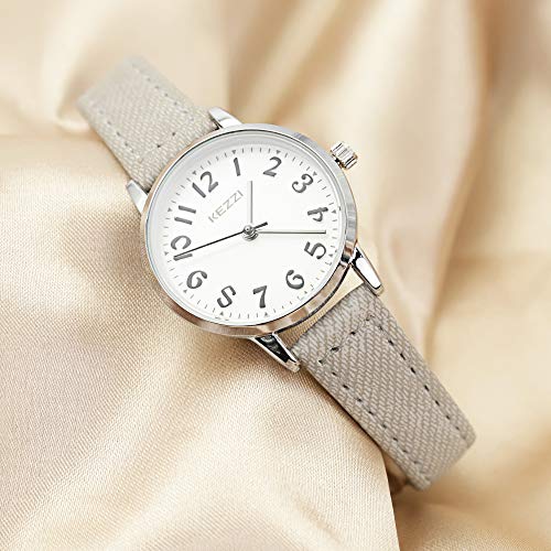 Relojes Mujer de Cuero Gris Sencillo Relojes Números Arábigos Moda