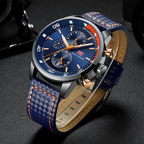 Relojes para Hombres, Mini Focus Analógico de Cuarzo Reloj Impermeable Deportivo cronógrafo Correa de Cuero Fecha para Regalo (Azul)