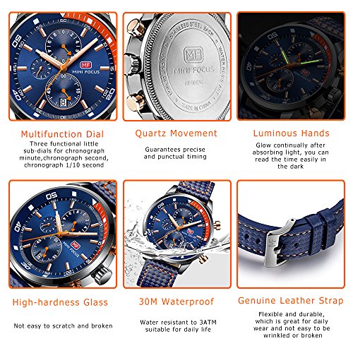 Relojes para Hombres, Mini Focus Analógico de Cuarzo Reloj Impermeable Deportivo cronógrafo Correa de Cuero Fecha para Regalo (Azul)