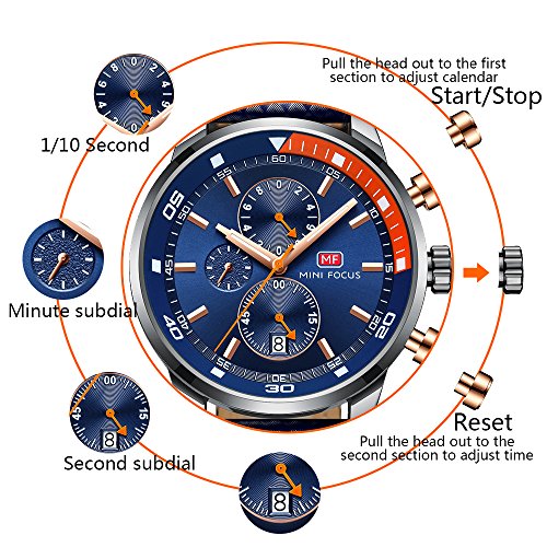 Relojes para Hombres, Mini Focus Analógico de Cuarzo Reloj Impermeable Deportivo cronógrafo Correa de Cuero Fecha para Regalo (Azul)