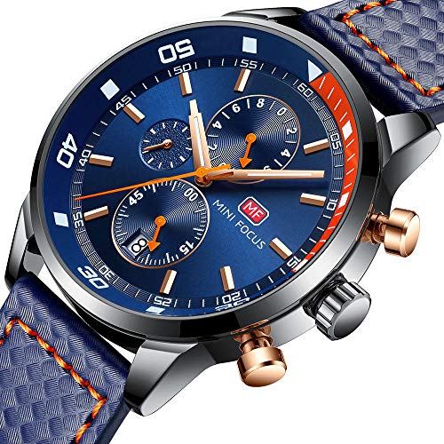 Relojes para Hombres, Mini Focus Analógico de Cuarzo Reloj Impermeable Deportivo cronógrafo Correa de Cuero Fecha para Regalo (Azul) Relojes para Hombres, Mini Focus Analógico de Cuarzo Reloj Impermeable Deportivo cronógrafo Correa de Cuero Fecha para Regalo (Azul)