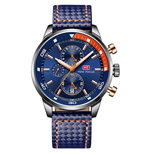 Relojes para Hombres, Mini Focus Analógico de Cuarzo Reloj Impermeable Deportivo cronógrafo Correa de Cuero Fecha para Regalo (Azul)