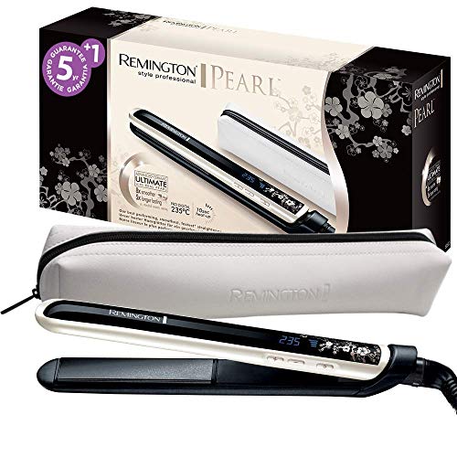 Remington S9500 Pearl - Plancha de Pelo, Cerámica Avanzada con Perla, Digital, con bolsa incluida, color Blanco y Negro