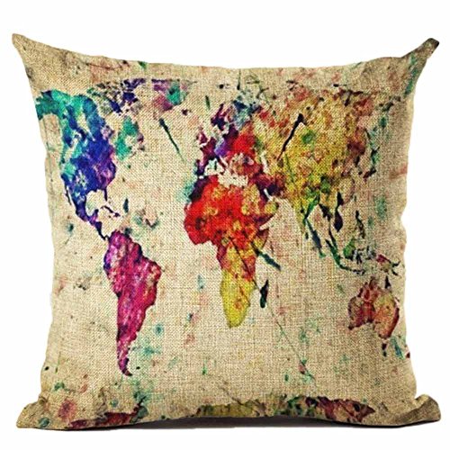 Reooly Funda de Almohada de impresión de Mapa Mundial Funda de cojín de sofá de algodón de Lino decoración del hogar 45 cm * 45 cm
