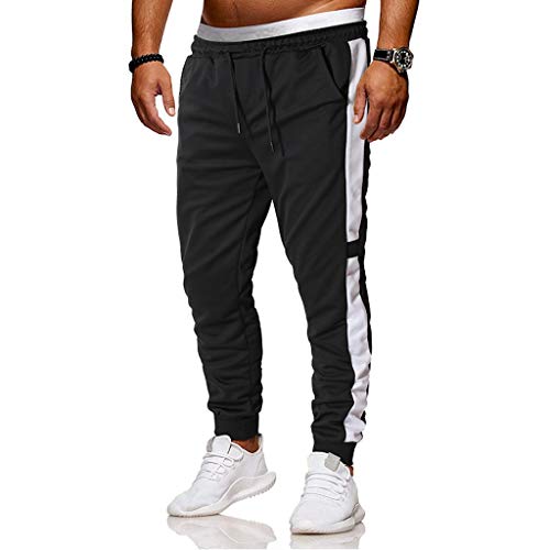 Reooly Primavera y Verano Banda de Costura de Rayas Blancas para Hombre Pantalones con Cintura elástica Pantalones de chándal Pantalones Casuales Pantalones Cortos(Negro,Medium)