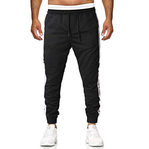 Reooly Primavera y Verano Banda de Costura de Rayas Blancas para Hombre Pantalones con Cintura elástica Pantalones de chándal Pantalones Casuales Pantalones Cortos(Negro,Medium)