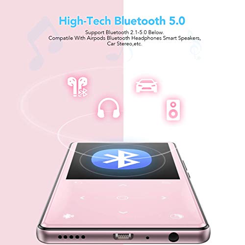 Reproductor MP3 Bluetooth 5.0 16GB, AGPTEK H9 MP3 HiFi con Pantalla a Color de 2,4 Pulgadas, 9 Botones Táctiles, Altavoz Incorporado, Radio FM, Soporta hasta 128GB, Rosa