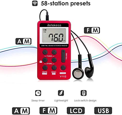 Retekess V112 Mini Radio de Bolsillo Portátil Radio Pequeña Am FM Radio 2 Bandas Receptor con Batería Recargable y Auriculares(Rojo)