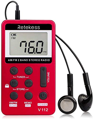 Retekess V112 Mini Radio de Bolsillo Portátil Radio Pequeña Am FM Radio 2 Bandas Receptor con Batería Recargable y Auriculares(Rojo)
