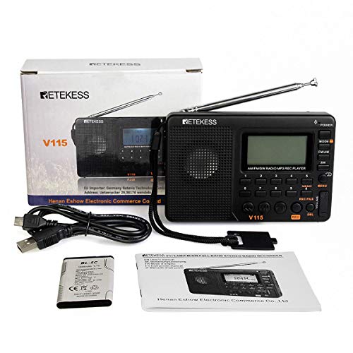 Retekess V115 Radio Portátil, Am FM SW Radio de Onda Corta, con Reproductor MP3, Grabadora Rec, Temporizador de Sueño (Negro, 2 Piezas)