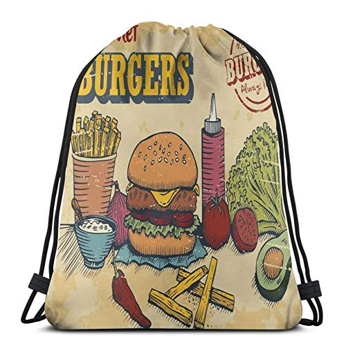 Retro Hand Drawn Style Burger And Ingredients Gourmet Taste Delicious Fast Food,Gym Drawstring Bags Backpack String Bag Sport Sackpack Gifts For Men & Women