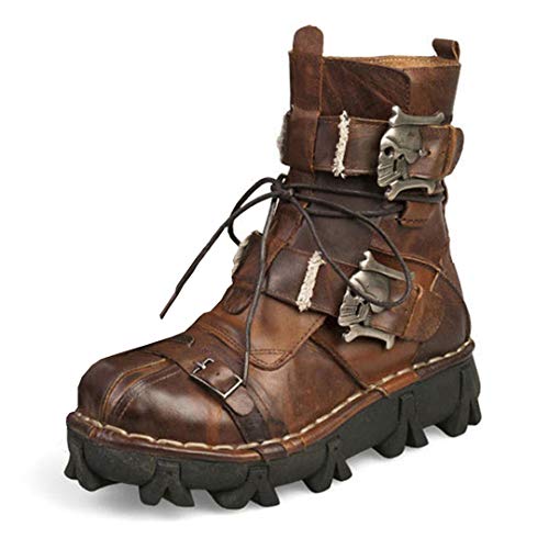 Rétro Peau de Vache Bottes en Cuir Moto Skull Punk Martin Moto Bottes Steampunk Chaussures mi-mollet Équipement de Protection Brown 1809 9