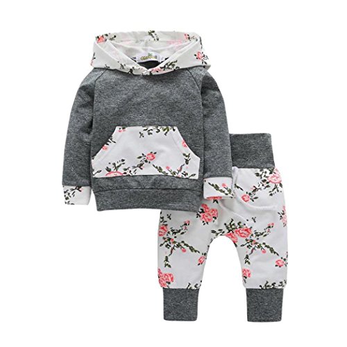 RETUROM Conjuntos de Ropa de Invierno, 2pcs bebé de niña con Capucha Floral Tops + Pantalones Conjuntos (18-24M, Gris)