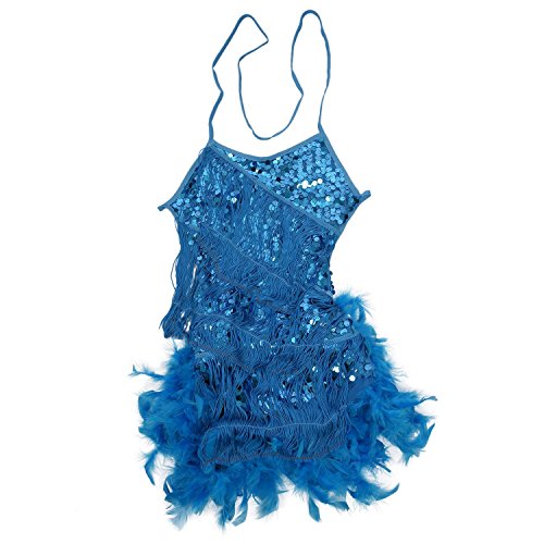 RETYLY Nuevos Vestidos De Danza Latina Con Lentejuela Pluma Para Ninos Traje De Baile De SaloN De La Competencia Vestido Para Las Ninas Azul, XL