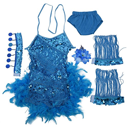 RETYLY Nuevos Vestidos De Danza Latina Con Lentejuela Pluma Para Ninos Traje De Baile De SaloN De La Competencia Vestido Para Las Ninas Azul, XL