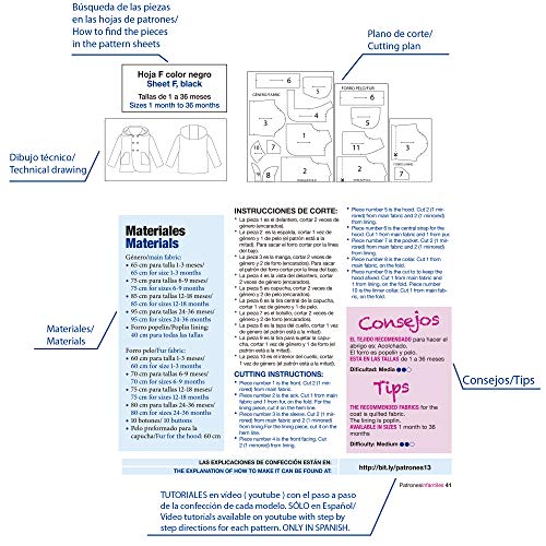 Revista patrones de costura infantil, nº 7. Especial bebé, 28 modelos de patrones, Tallas de 1 mes a 36 meses. Tutoriales en vídeo(Youtube). Cutting instructions.