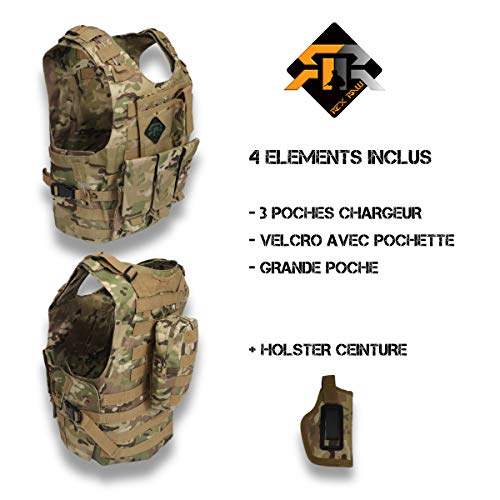 REX RAW ® – Chaleco de combate táctico tipo militar – 3 elementos sistema Molle incluido + funda – para reportar fotos, camping, caza, airsoft, paintball, Trekking Survivalismo Urbex (Desert Camo)