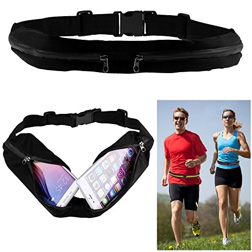 REY Riñonera Deportiva Negra Doble, Bolsa con 2 Cremalleras, Cintura Cadera Cinturón Cangurera Running Sport Footing, Negro