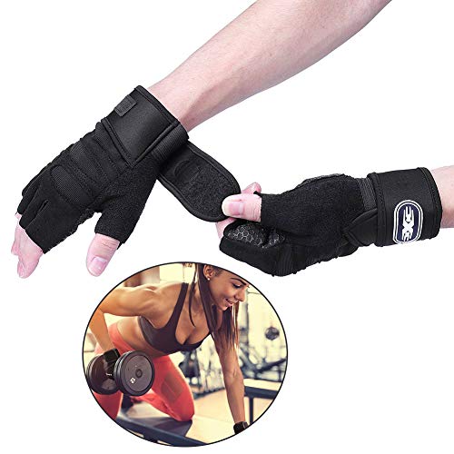 REYOK Guantes Gimnasio para Hombre y Mujer Guantes Medio Dedo Deportivos Gym Guantes Transpirable con Protección Completa de Muñeca y Palma Guantes de Fitness Negro