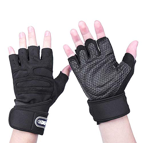 REYOK Guantes Gimnasio para Hombre y Mujer Guantes Medio Dedo Deportivos Gym Guantes Transpirable con Protección Completa de Muñeca y Palma Guantes de Fitness Negro