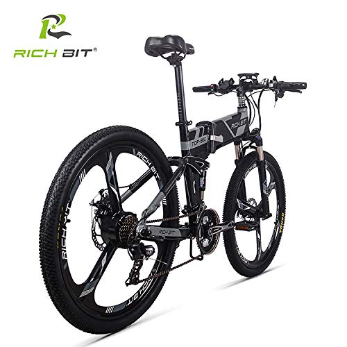 RICH BIT Bicicleta Eléctrica 250W Bicicleta Plegable de Montaña LG Li Batería 36V *12.8 Ah Smart eBike 26 Pulgadas MTB RT-860 para Hombres/Adultos (Gris)