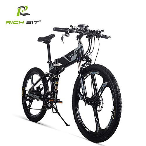 RICH BIT Bicicleta Eléctrica 250W Bicicleta Plegable de Montaña LG Li Batería 36V *12.8 Ah Smart eBike 26 Pulgadas MTB RT-860 para Hombres/Adultos (Gris)