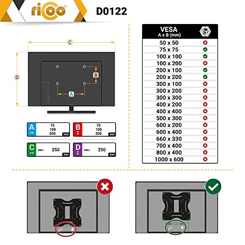 RICOO D0122 Soporte TV Techo Giratorio Plegable Televisión 13-33" (33-84cm) Brazo Universal Televisor LED/LCD/Curvo VESA 75x75-200x200 Negro