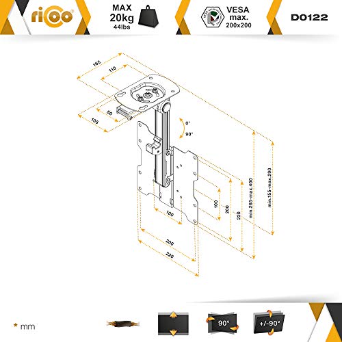 RICOO D0122 Soporte TV Techo Giratorio Plegable Televisión 13-33" (33-84cm) Brazo Universal Televisor LED/LCD/Curvo VESA 75x75-200x200 Negro