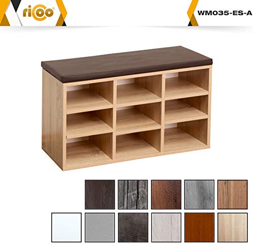 RICOO WM035-ES-B Banco Zapatero 79x49x30 Armario Interior con Asiento Organizador Zapatos Mueble recibidor Perchero Entrada Madera Roble marrón