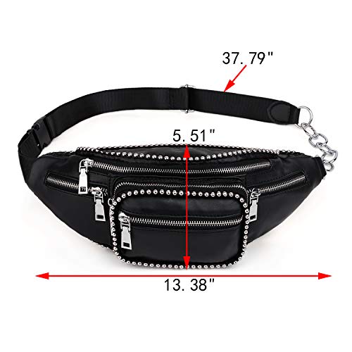 Riñoneras de Moda - UTO Cuero Sintético Impermeable con 3 Cremalleras Viaje Cinturón, Bolso Bandolera Bolso de la Cintura, Peso Ligero para Mujer Hombre Negro con Perlas