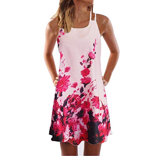 riou Vestidos Casual para Mujer Vestido Casual Verano sin Mangas Cuello Redondo con Estampado Ropa de Playa Vestidos De Fiesta Elegantes Vintage Tops