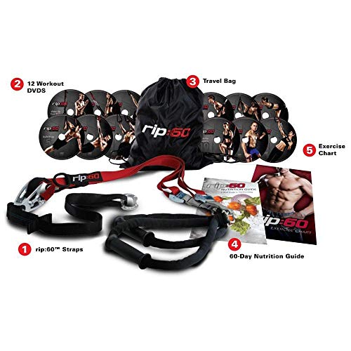 RIP 60 Entrenamiento en Suspensión Trainer Bodyweight Fitness Resistance Straps Trainer Ejercicio 12 DVD, póster de Ejercicios, Tabla de Ejercicios y guía de nutrición