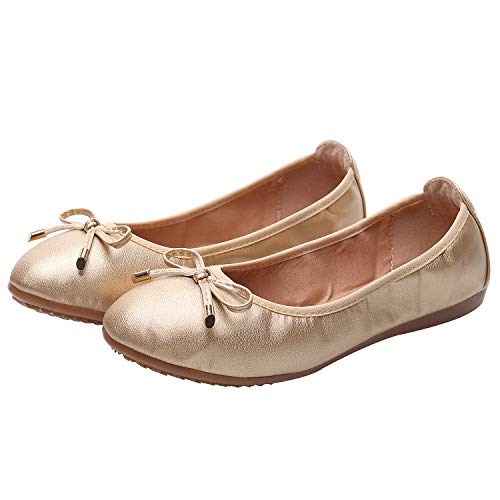 rismart Mujer Baile Ponerse Plano Bowknot Elegante Suave Bailarinas Zapatos SN02829(Dorado,EU38)