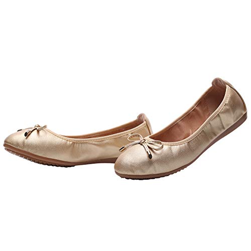 rismart Mujer Baile Ponerse Plano Bowknot Elegante Suave Bailarinas Zapatos SN02829(Dorado,EU38)