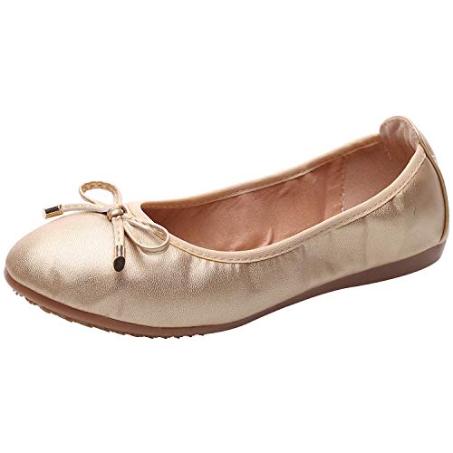 rismart Mujer Baile Ponerse Plano Bowknot Elegante Suave Bailarinas Zapatos SN02829(Dorado,EU38)