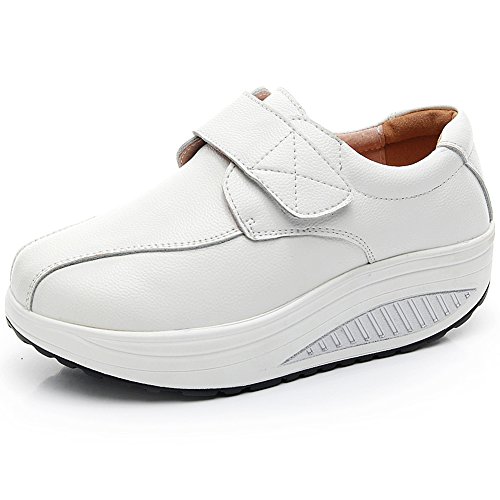 rismart Mujer Cuña Bucle Cómodo Linda Cuero Zapatillas Zapatos SN8787(Blanco,EU38)