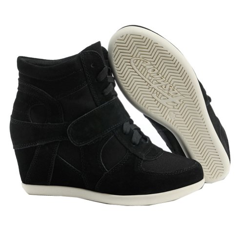 Rismart Mujer Tacón de cuña Linda Cómodo Bucle De Gancho Tela&Ante Cuero Casual Zapatillas Zapatos 8522(Negro,EU36)