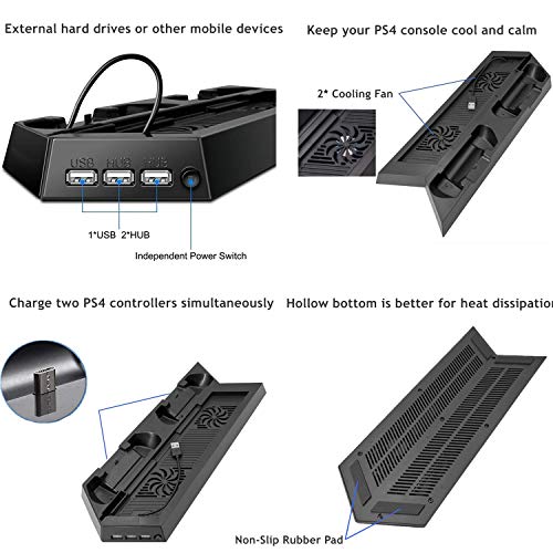 RIXOW Refrigeración para PS4 con Dos Ventiladores de Playstation 4 Consola con Puertos Libres Cargador Doble Estación de Carga para Dual Shock, Negro RIXOW Refrigeración para PS4 con Dos Ventiladores de Playstation 4 Consola con Puertos Libres Cargador Doble Estación de Carga para Dual Shock, Negro