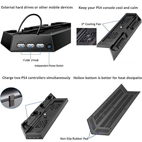 RIXOW Refrigeración para PS4 con Dos Ventiladores de Playstation 4 Consola con Puertos Libres Cargador Doble Estación de Carga para Dual Shock, Negro