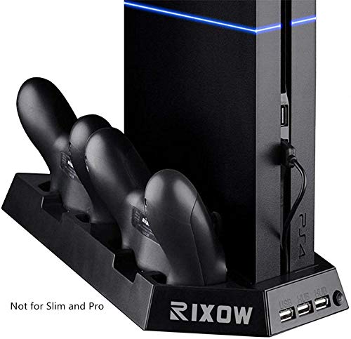 RIXOW Refrigeración para PS4 con Dos Ventiladores de Playstation 4 Consola con Puertos Libres Cargador Doble Estación de Carga para Dual Shock, Negro
