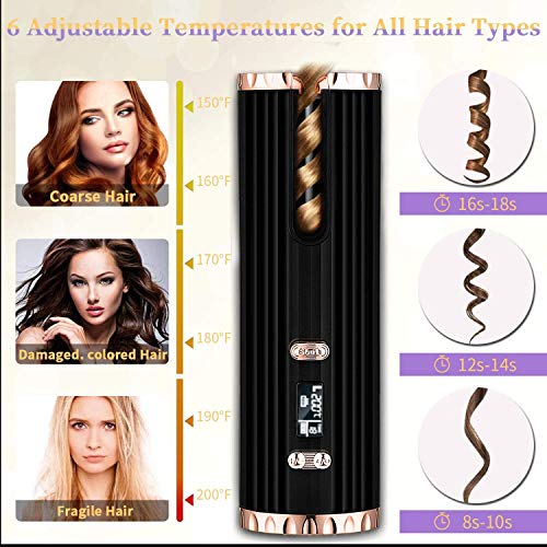 Rizador de Pelo Automático Inalámbrico USB Multifunción Recargable Rizador con Pantalla LCD, Temporización y Control de Temperatura Ajustable para Cabello Largo y Corto, Viajes y Uso Doméstico,Negro