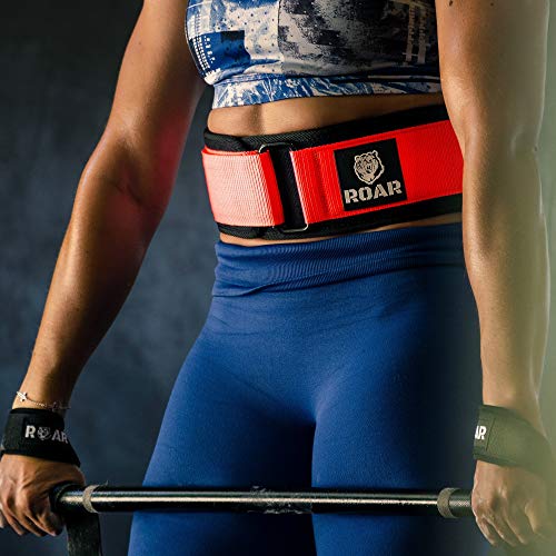 Roar® Cinturón Lumbar Gimnasio, Cinturon Gimnasio Hombre y Mujer, Cinturon Halterofilia, Powerlifting, Crossfit, Levantamiento Peso, Musculacion, Cinturon Gym Hombre, Cinturon Pesas (Rojo, L)