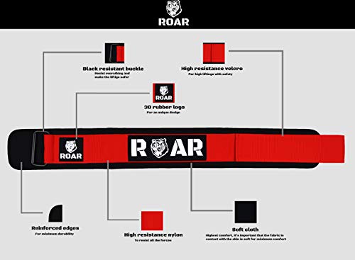 Roar® Cinturón Lumbar Gimnasio, Cinturon Gimnasio Hombre y Mujer, Cinturon Halterofilia, Powerlifting, Crossfit, Levantamiento Peso, Musculacion, Cinturon Gym Hombre, Cinturon Pesas (Rojo, L)