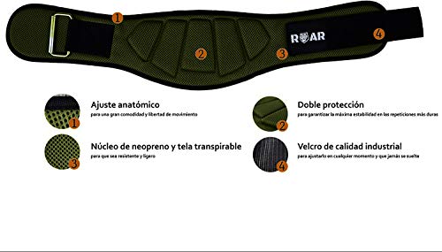 Roar® Cinturón Lumbar Gimnasio, Cinturon gimnasio hombre y mujer, Cinturon halterofilia, Powerlifting, Crossfit, Levantamiento Peso, Musculacion, Cinturon gym hombre, Cinturon pesas (Verde Militar, S)