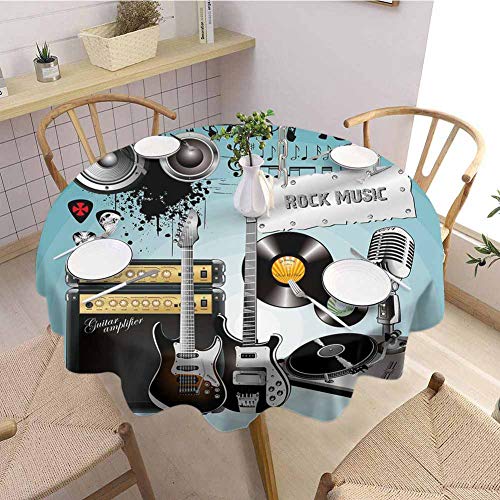 Rock Music - Mantel redondo con diseño de guitarra y discos con altavoces gigantes Rock Music - Mantel redondo con diseño de guitarra y discos con altavoces gigantes