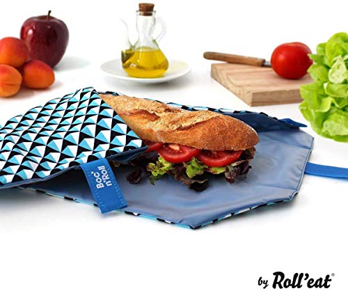 Roll'eat - Pack 2 Unidades, Boc’n’Roll Nature Negro y Boc’n’Roll Tiles Azul | Dos Bolsas de Merienda Porta Bocadillos, Envoltorios Reutilizables y Ecológicos sin BPA