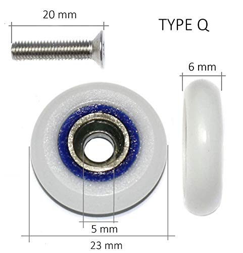 Rolli Rodamientos Mampara Ducha Acero Inoxidable Rodillos Ducha 23mm Repuesto Ruedas para Puerta Corredera Rodillos Ducha Tipo Q 8 uds y Tornillos