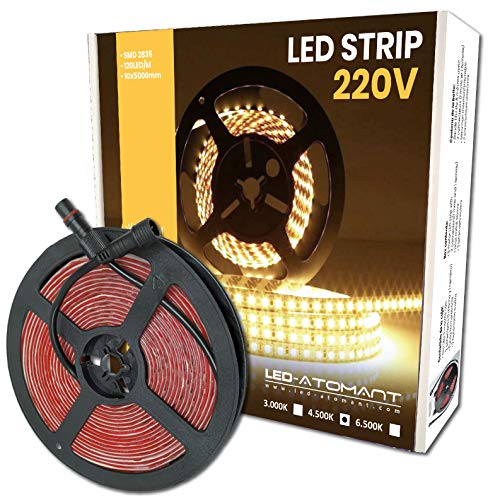 Rollo de 5 metros de Tira de Luz LED Directa a 220v. Color Blanco Neutro (4500K). Impermeable. Corte cada 10cm. A++